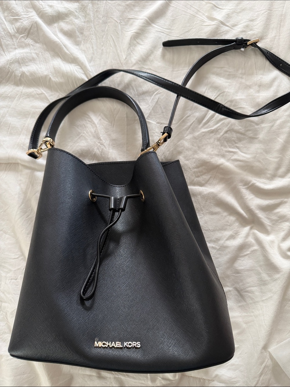Michael Kors Black Leather Drawstring Shoulder Bag with Gold Hardware